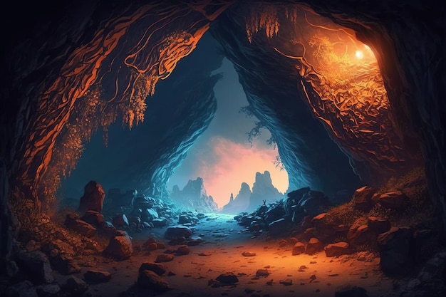 Una cueva con una luz en el medio.