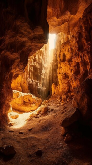 Una cueva con una luz en la parte superior.