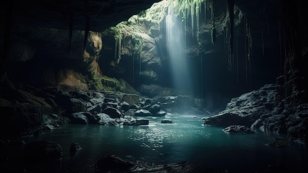 Una cueva con una luz que entra a través de la cueva.