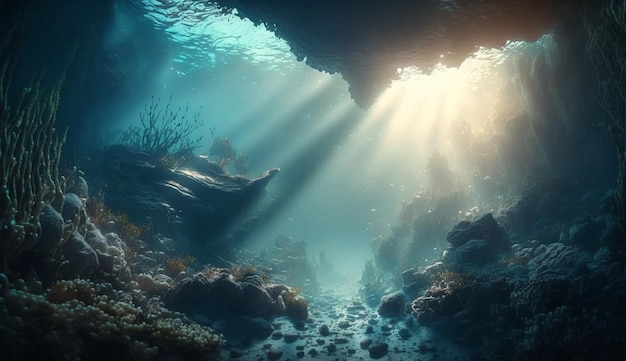 Foto una cueva marina con el sol brillando sobre el agua.