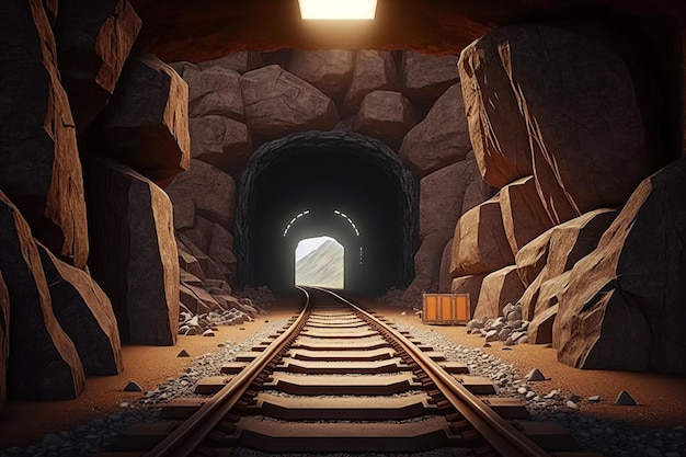 Cueva de la mina con muralla de piedra de rocas de ferrocarril con barandillas de madera