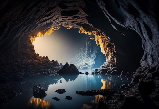 Cueva misteriosa con un hermoso lago subterráneo y estalactitas colgantes al atardecer Generado por IA