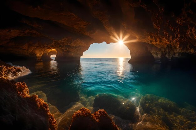 Una cueva con una ola en el océano