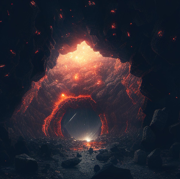 una cueva oscura con lava roja y un brillo naranja brillante