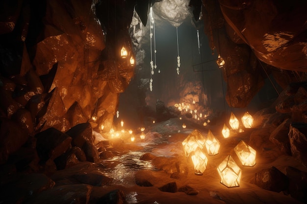 Una cueva oscura con luces y una cueva oscura con una luz.