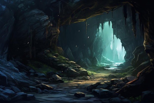 una cueva oscura con una luz azul en el interior