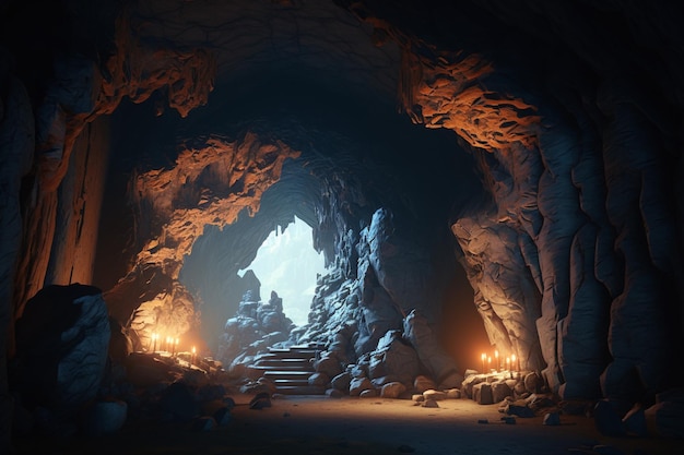 Una cueva oscura con una luz encendida en el lado izquierdo.