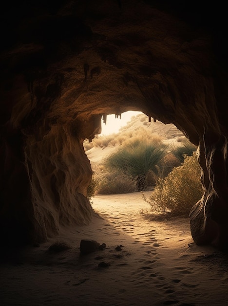 Una cueva oscura con una luz en la parte superior.