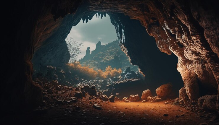 Una cueva oscura con una luz en el suelo y una montaña al fondo.