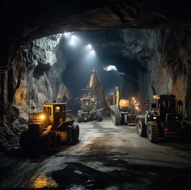 Una cueva oscura con una luz en el techo y una gran excavadora en el medio.