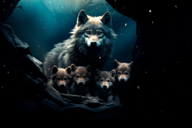 Cueva oscura con pequeños cachorros de lobo en la cueva noche oscura generada por IA