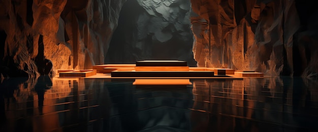 Una cueva oscura con un podio en el medio y una cueva con un fondo naranja brillante.