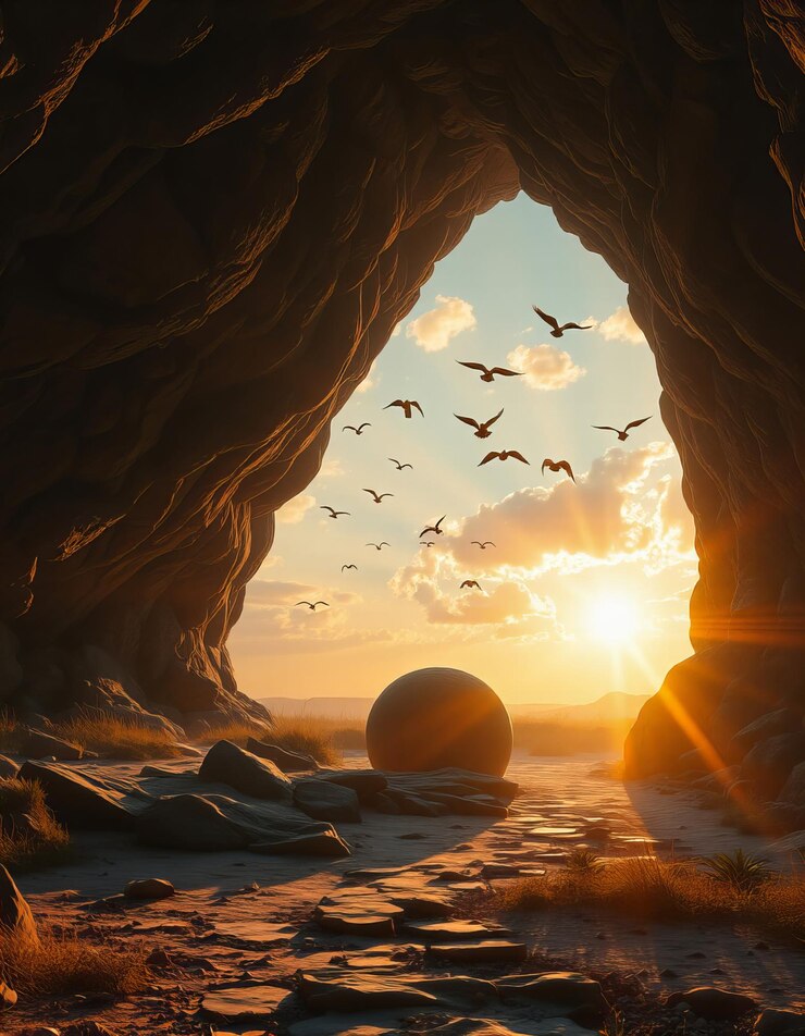 Cueva de Pascua con tumba abierta al amanecer pájaros volando en el cielo foto realista de alta resolución