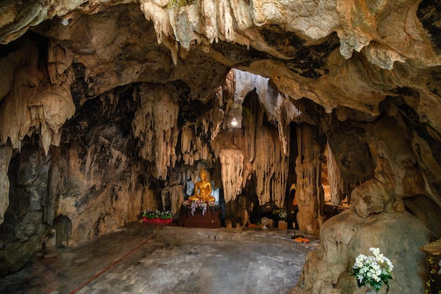 Cueva de piedra caliza de estalactitas con estatua de Buda