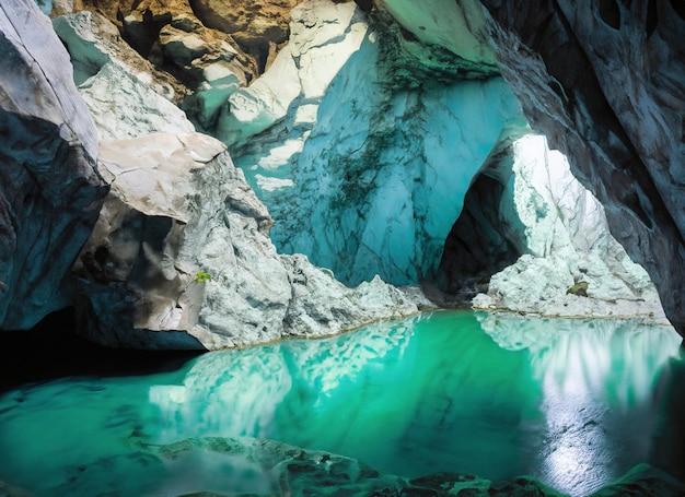 cueva de piedra de mármol con río de agua verde oscuro