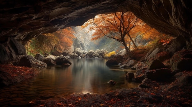 Una cueva con un río en el medio y un bosque al fondo