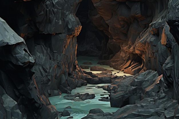 Foto cueva y río en medio de las rocas