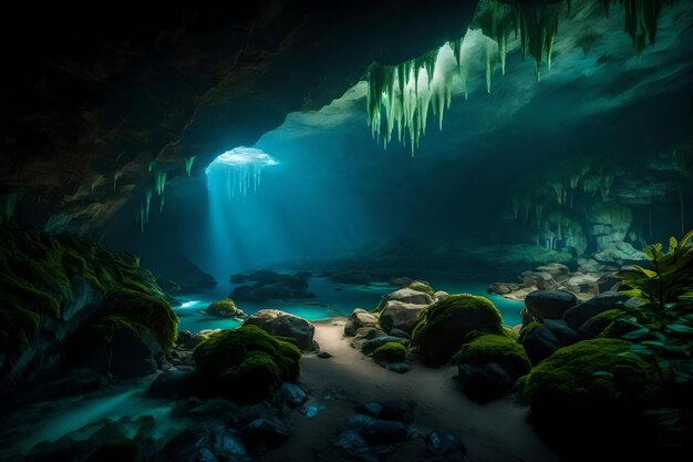 Una cueva con rocas cubiertas de musgo y una cueva con una cascada en el fondo.