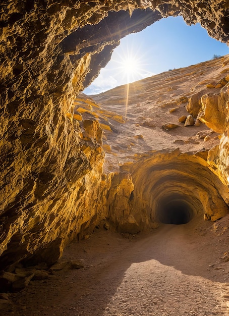 Foto una cueva con un sol brillando sobre ella.