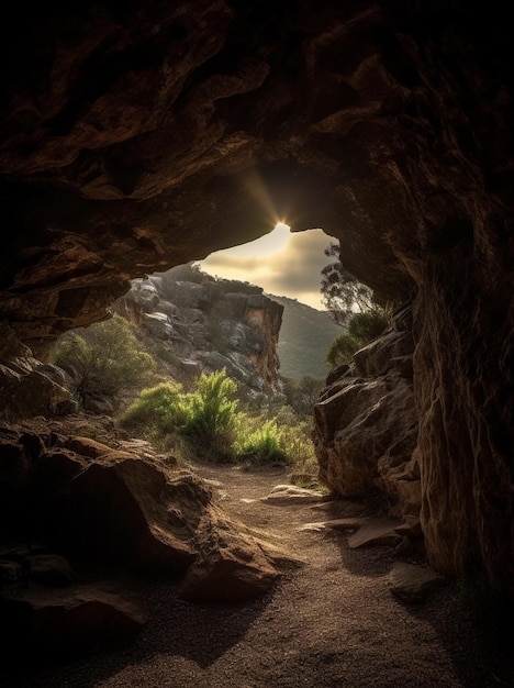 Una cueva con el sol brillando a través de la ventana.