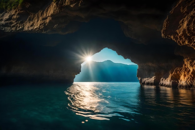 Una cueva con el sol brillando por la ventana