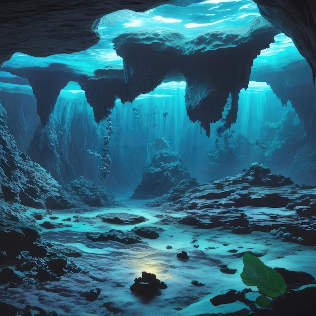 Foto cueva submarina brillante con bioluminescencia