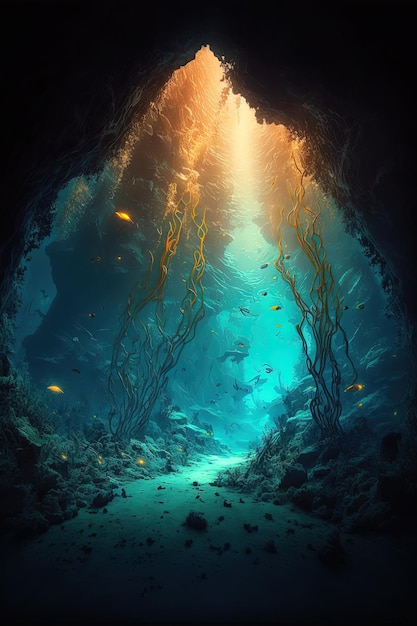 Cueva submarina en el mundo submarino de fantasía Ilustración digital AI