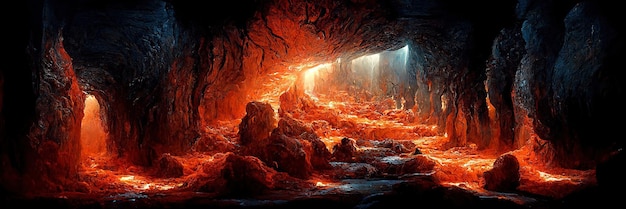 Cueva subterránea de lava fundida. Arte digital. caverna profunda. Ilustración 3D