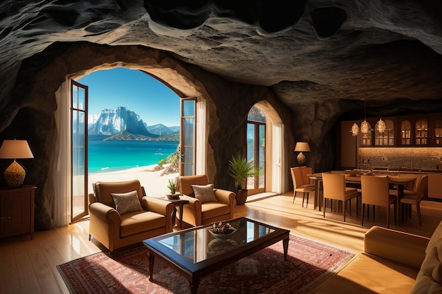 Cueva con techo de piedra, hotel temático ecológico original, vivienda con vistas al mar, habitación de villa con vistas al mar azul.