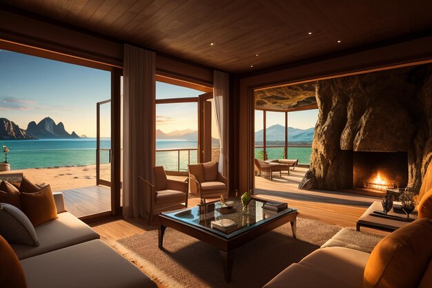 Cueva con techo de piedra, hotel temático ecológico original, vivienda con vistas al mar, habitación de villa con vistas al mar azul.