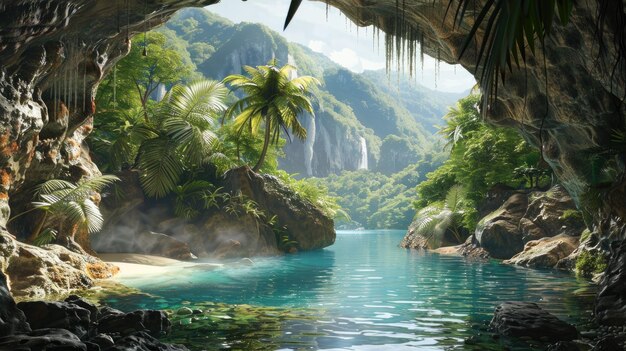 Foto cueva tropical con piscina de agua paisaje exótico de verano