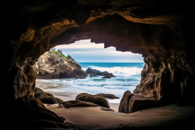 Una cueva con vista al mar y a la playa.