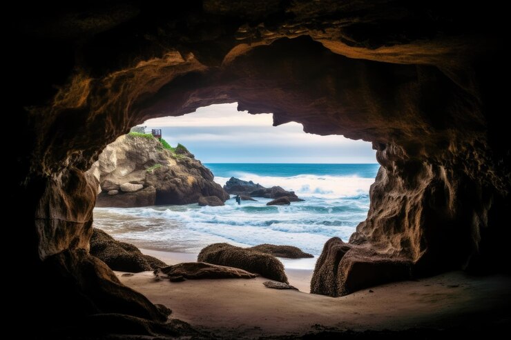 Foto una cueva con vista al mar y a la playa.