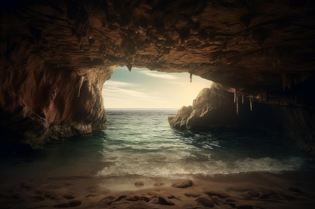 Una cueva con vista al océano y el sol brillando a través de la cueva.