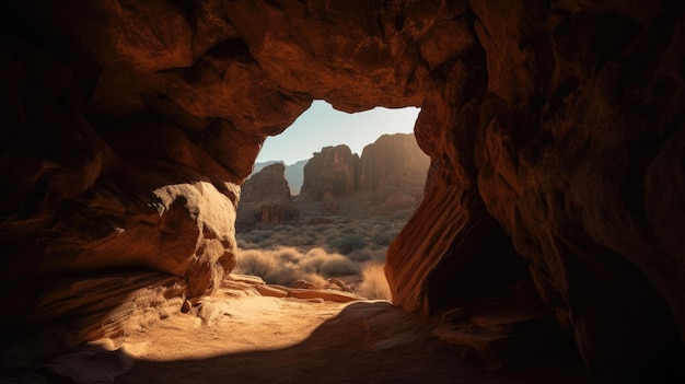 Una cueva con vistas al desierto y las montañas al fondo.