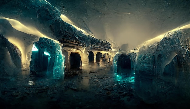 Cuevas de fantasía subterráneas de hielo abstracto Rayos de luz en una cueva de hielo oscura Frescura de hielo frío Hielo de neón azul con ilustración 3D húmeda