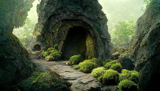 Cuevas profundas místicas en la antigua montaña y camino de roca en el bosque