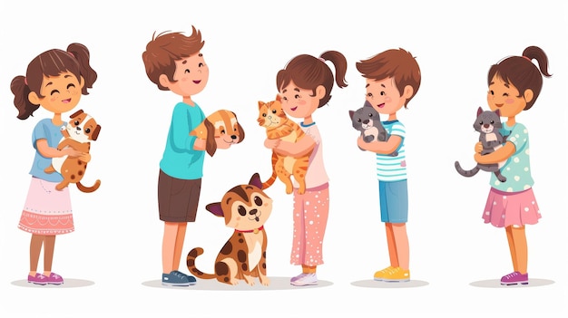 Cuidado de animales para niños Niño sostiene al perro en las manos y la niña abraza al gato Ilustración moderna de dibujos animados de niños pequeños felices jugando con animales domésticos