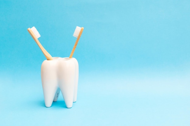 Cuidado bucal y concepto de salud dental diente con cepillos de dientes sobre fondo azul.