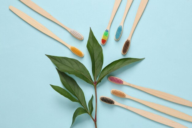 Foto cuidado dental natural cepillos de dientes con hojas verdes sobre fondo azul.