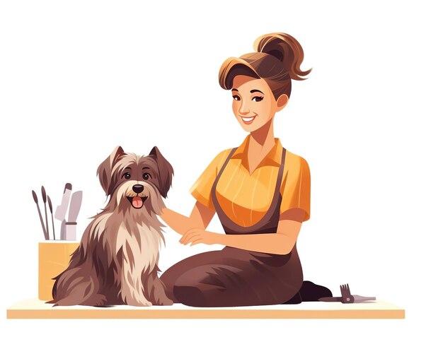 Foto cuidado de un perro mascota feliz y saludable ilustración de un peluquero trabajando en un fondo blanco