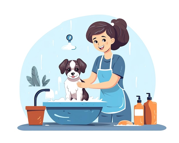 Foto cuidado de un perro mascota feliz y saludable ilustración de un peluquero trabajando en un fondo blanco