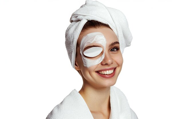 Cuidado de la piel Mujer joven muy feliz riendo aplicando parches cosméticos en los ojos máscara reduce las arrugas usa una toalla envuelta en la cabeza aislada sobre fondo blanco Tratamiento facial concepto de belleza y spa