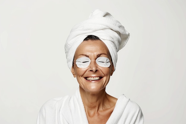 Cuidado de la piel muy feliz mujer hispana madura riendo aplicando parches cosméticos en los ojos máscara reduce las arrugas usa una toalla envuelta en la cabeza aislada en fondo blanco tratamiento facial concepto de belleza y spa