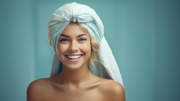 Cuidado de la piel en el spa, belleza, mujer usando toalla para el cabello después de un tratamiento de belleza, creado con tecnología de IA generativa.