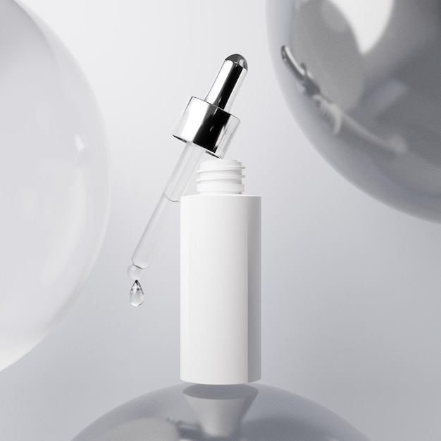 Cuidado de la piel suero cosmético botella renderizado 3d ilustración maqueta loción médica suero cuentagotas producto