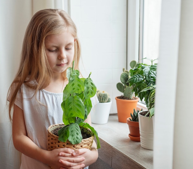 Cuidado de plantas de interior, niña cuidando plantas de interior