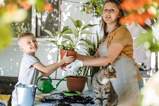 Cuidado de plantas de interior de primavera replantando plantas de interior familia feliz mamá y niño plantando plantas de interior en