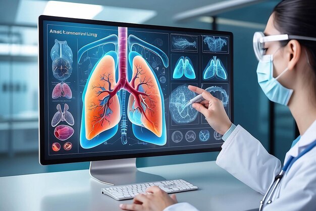 Foto cuidado de la salud y medicina covid19 el médico sostiene y diagnostica pulmones humanos virtuales con coronavirus en el interior en una pantalla de interfaz moderna en el fondo del hospital innovación y tecnología médica