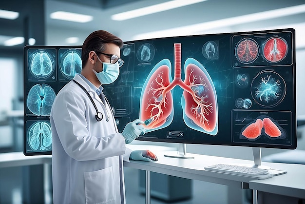 Cuidado de la salud y medicina Covid19 El médico sostiene y diagnostica pulmones humanos virtuales con coronavirus en el interior en una pantalla de interfaz moderna en el fondo del hospital Innovación y tecnología médica